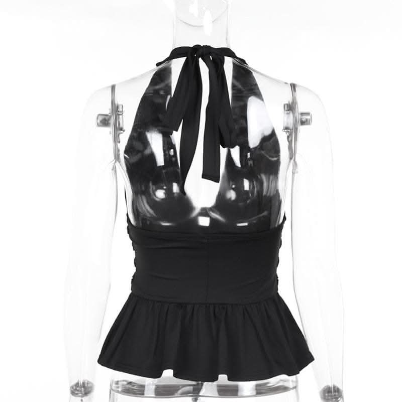 Halter deep rivet v neck ruched ruffle top  | Festival Outfits Women