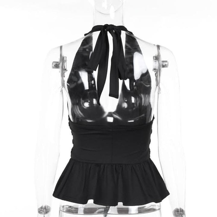 Halter deep rivet v neck ruched ruffle top  | Festival Outfits Women