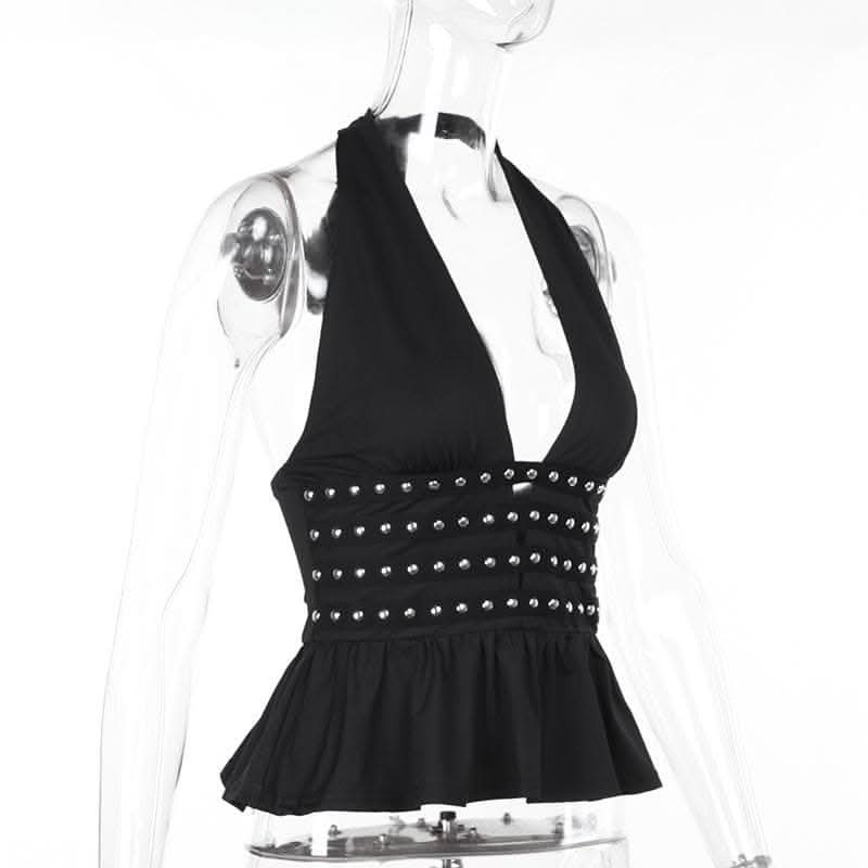 Halter deep rivet v neck ruched ruffle top  | Festival Outfits Women