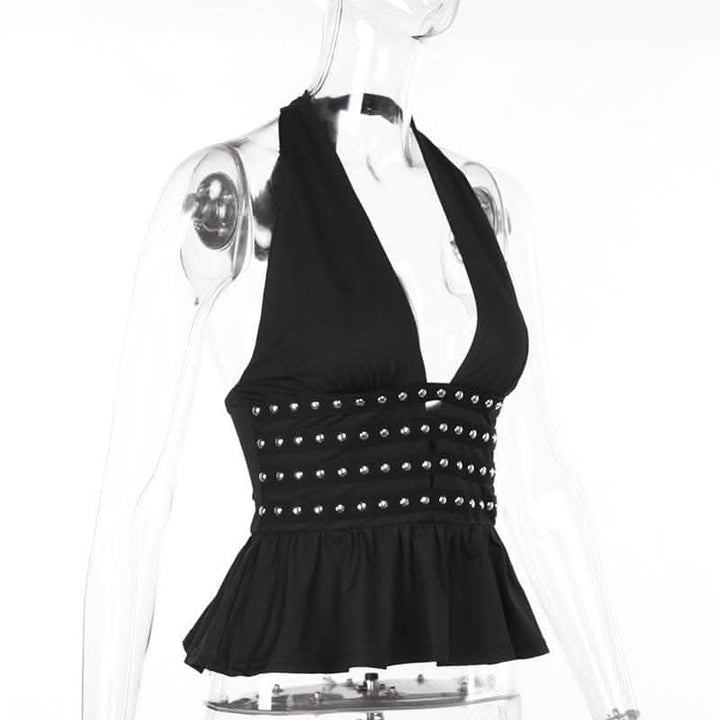 Halter deep rivet v neck ruched ruffle top  | Festival Outfits Women