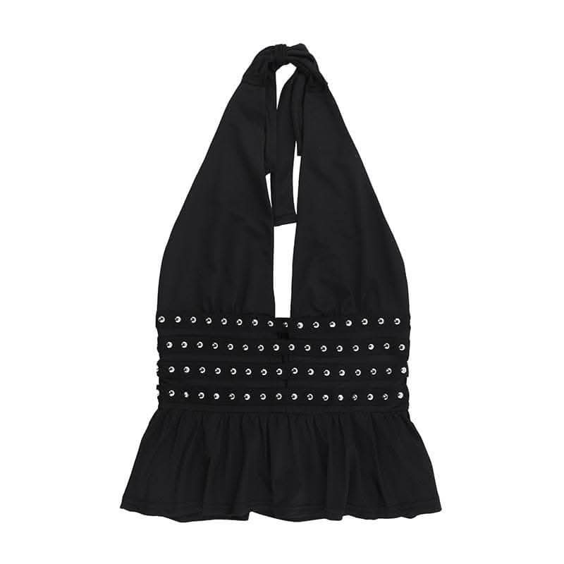 Halter deep rivet v neck ruched ruffle top  | Festival Outfits Women