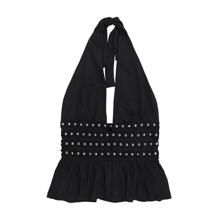 Halter deep rivet v neck ruched ruffle top  | Festival Outfits Women