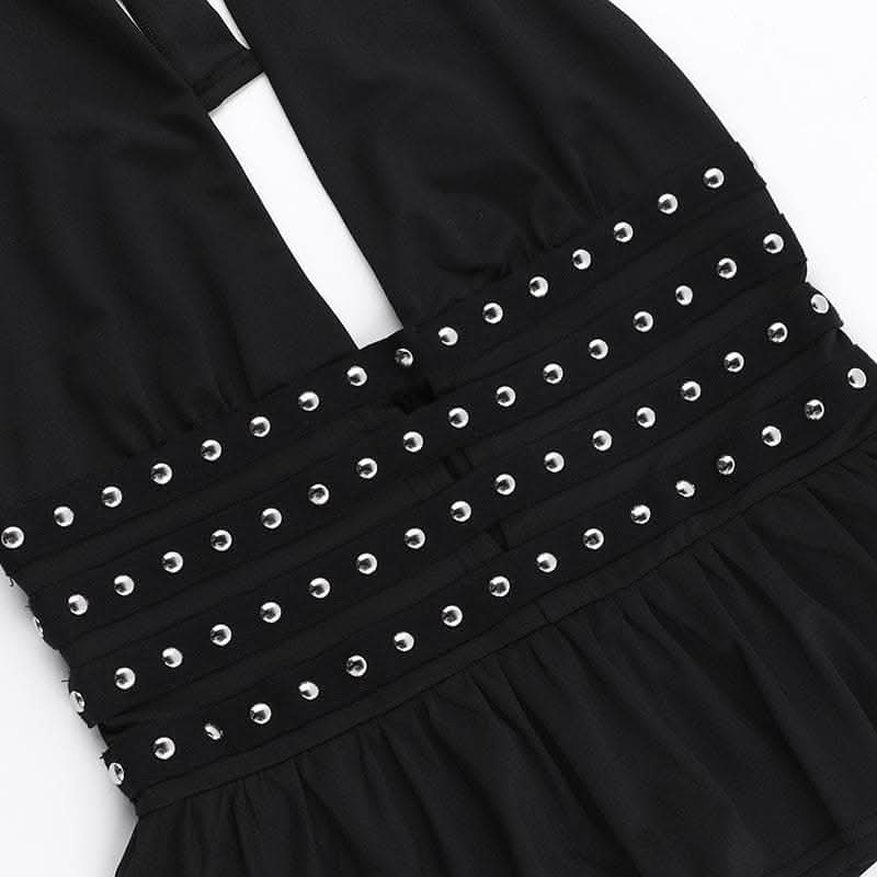 Halter deep rivet v neck ruched ruffle top  | Festival Outfits Women