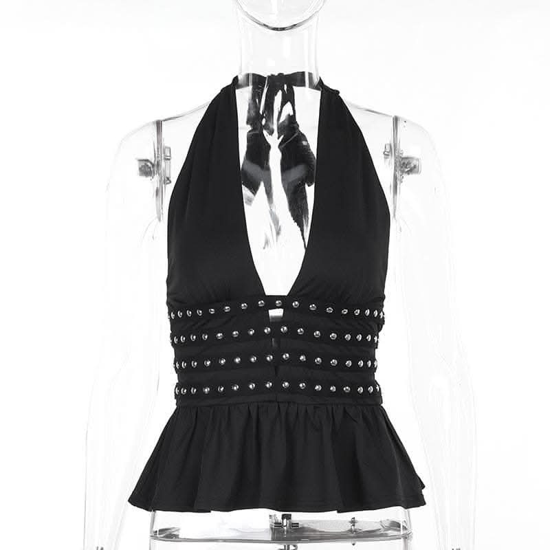Halter deep rivet v neck ruched ruffle top  | Festival Outfits Women