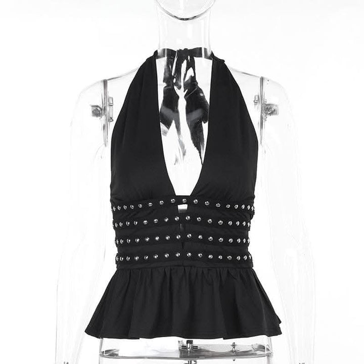 Halter deep rivet v neck ruched ruffle top  | Festival Outfits Women