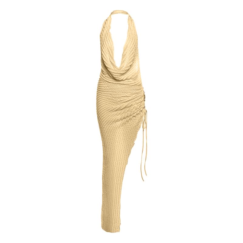 Cowl neck halter ruched slit irregular midi dress  | Festival Outfits Women