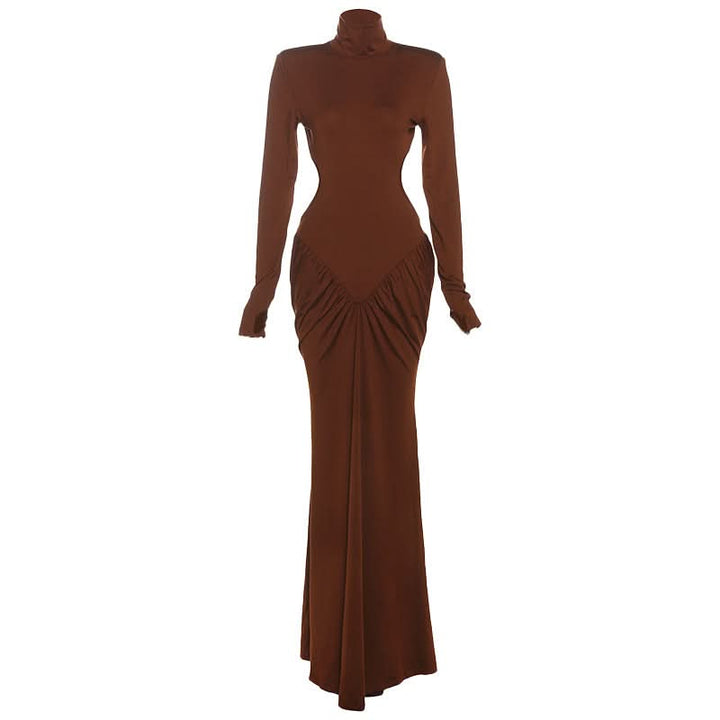 Long sleeve padded ruched high neck maxi dress  | Festival Outfits Women