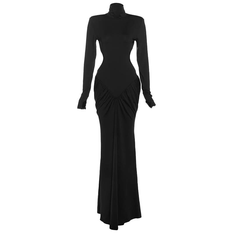 Long sleeve padded ruched high neck maxi dress  | Festival Outfits Women