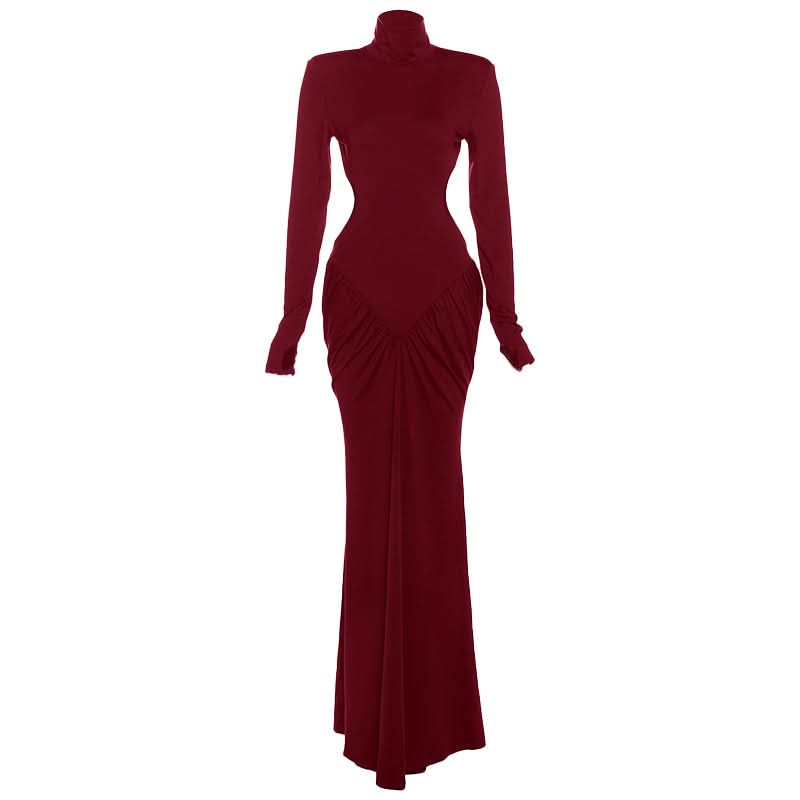 Long sleeve padded ruched high neck maxi dress  | Festival Outfits Women