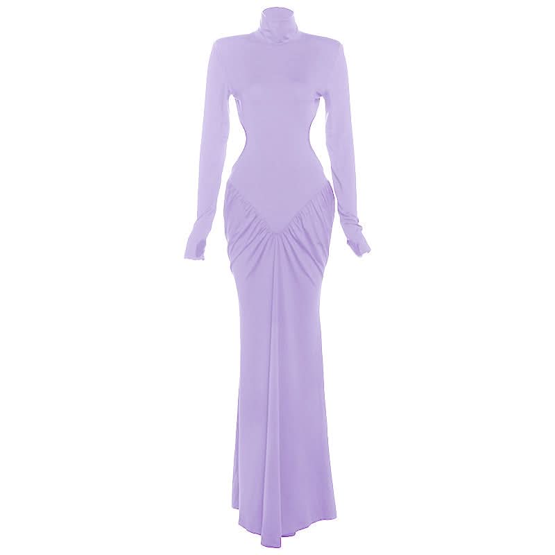 Long sleeve padded ruched high neck maxi dress  | Festival Outfits Women