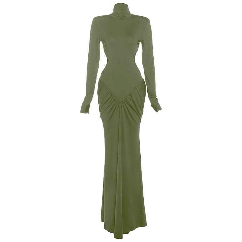 Long sleeve padded ruched high neck maxi dress  | Festival Outfits Women