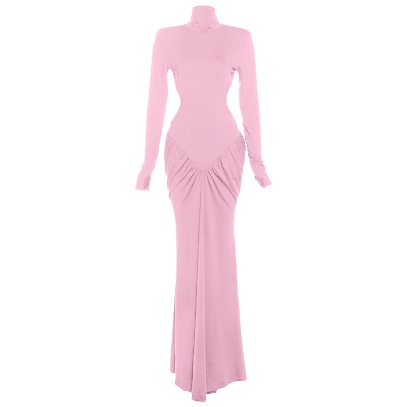 Long sleeve padded ruched high neck maxi dress  | Festival Outfits Women