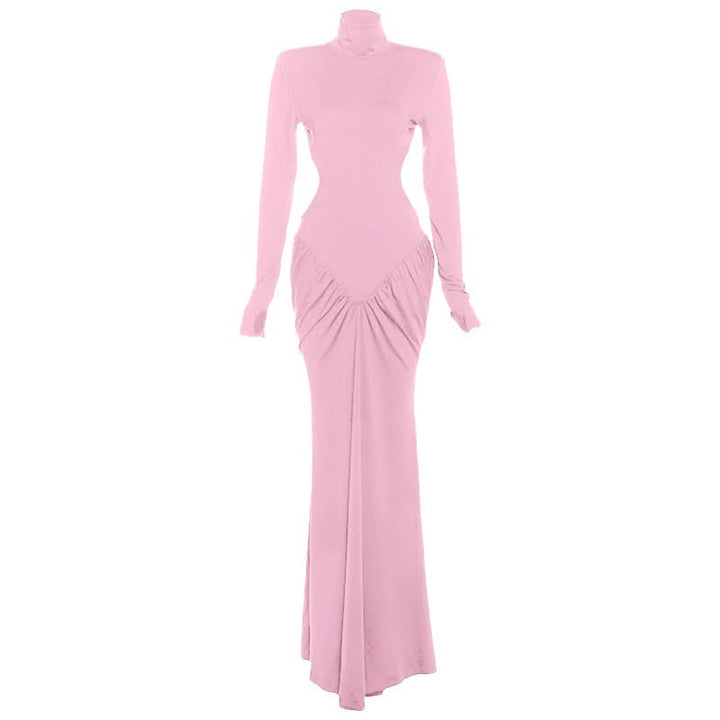 Long sleeve padded ruched high neck maxi dress  | Festival Outfits Women