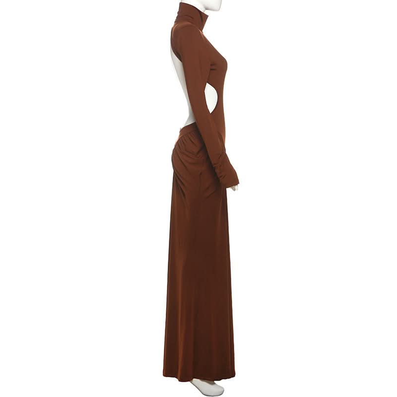 Long sleeve padded ruched high neck maxi dress  | Festival Outfits Women