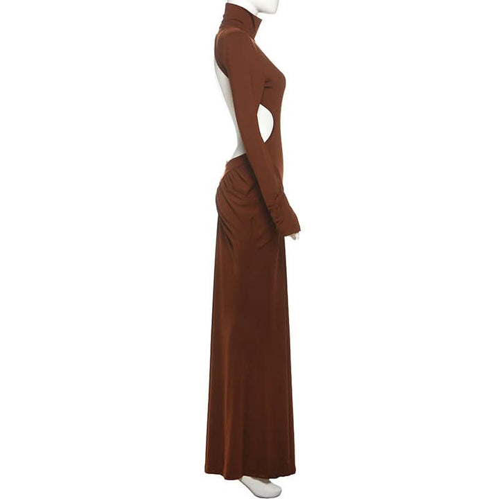 Long sleeve padded ruched high neck maxi dress  | Festival Outfits Women