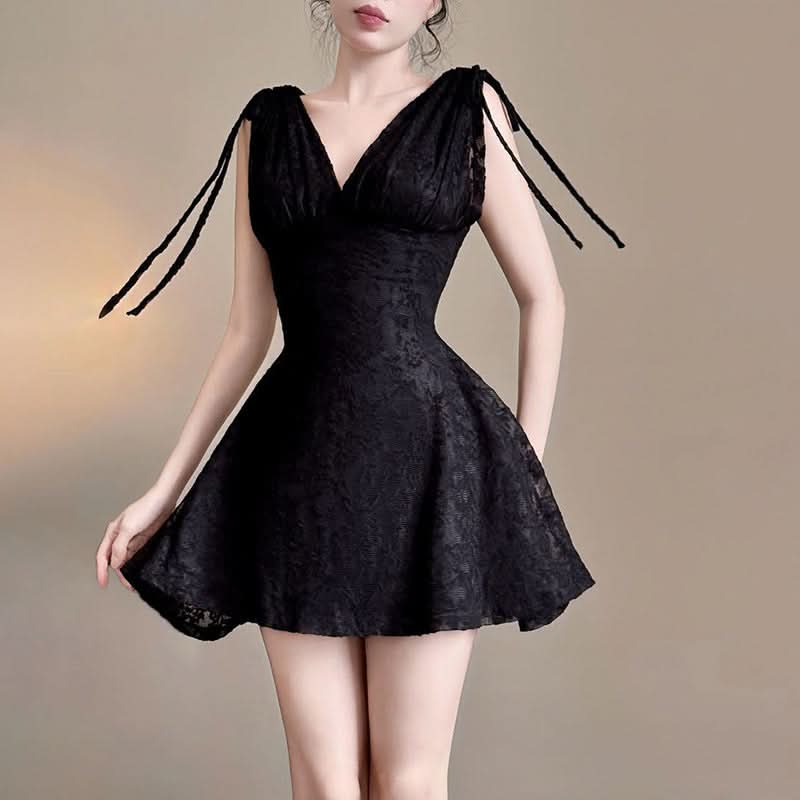 Self tie v neck lace solid mini dress  | Festival Outfits Women