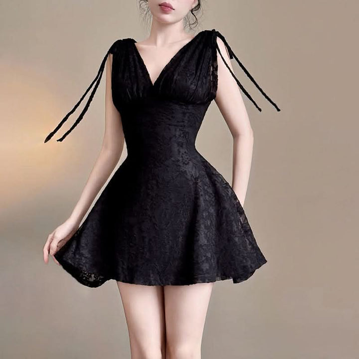 Self tie v neck lace solid mini dress  | Festival Outfits Women