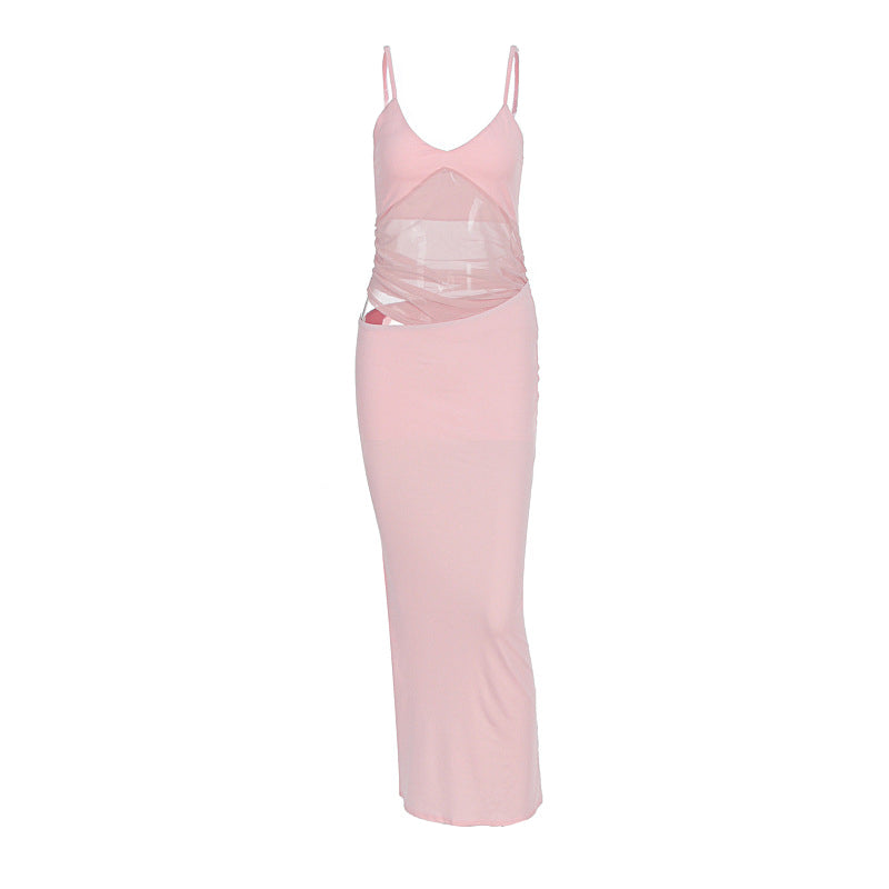 Mesh patchwork hollow out cami cut out maxi dress  | Festival Outfits Women