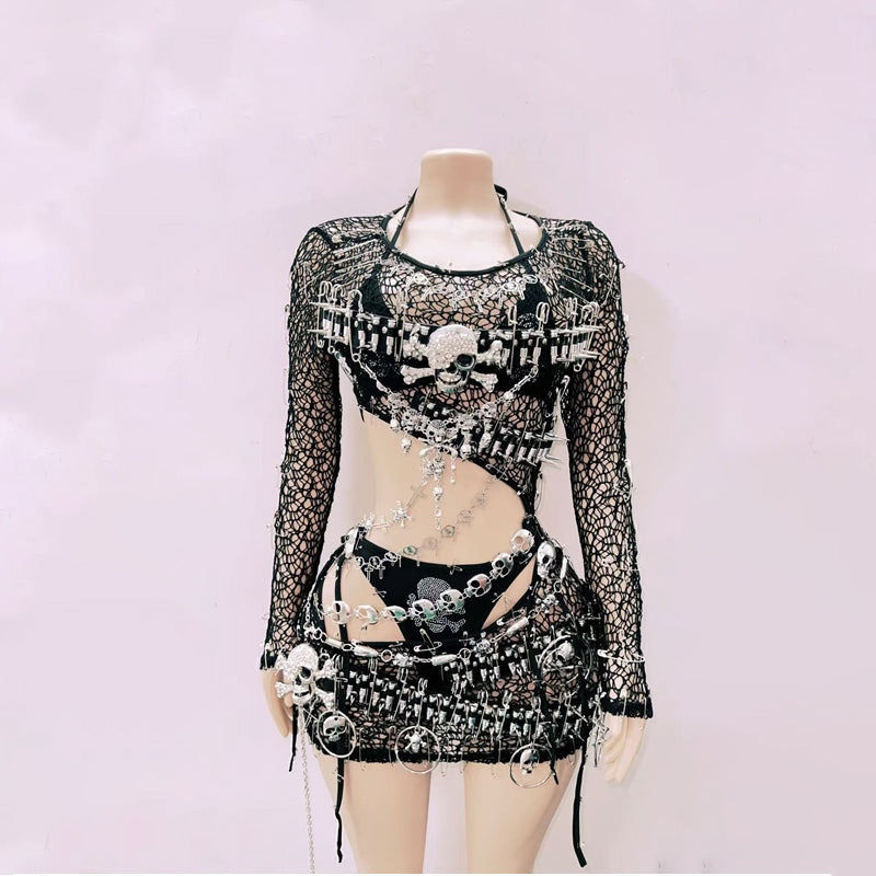 Long sleeve hollow out skull applique fishnet cut out mini dress  | Festival Outfits Women