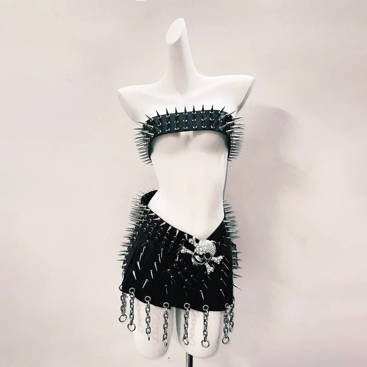Skull applique rivet PU leather belt top  | Festival Outfits Women