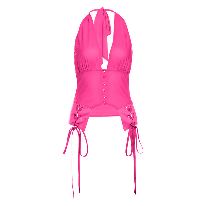 Halter self tie v neck backless solid top  | Festival Outfits Women-final-sale