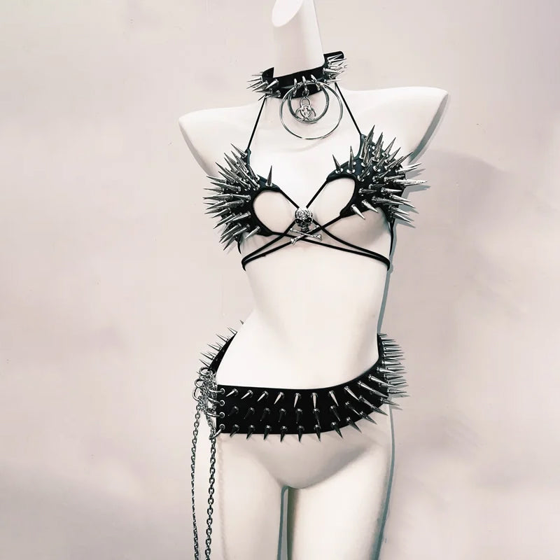 Halter self tie rivet skull applique belt top  | Festival Outfits Women