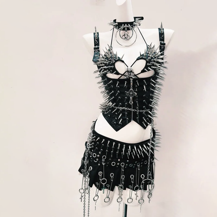 Rivet skull applique halter PU leather mini skirt set Cargo Mini Skirt  | Festival Outfits Women