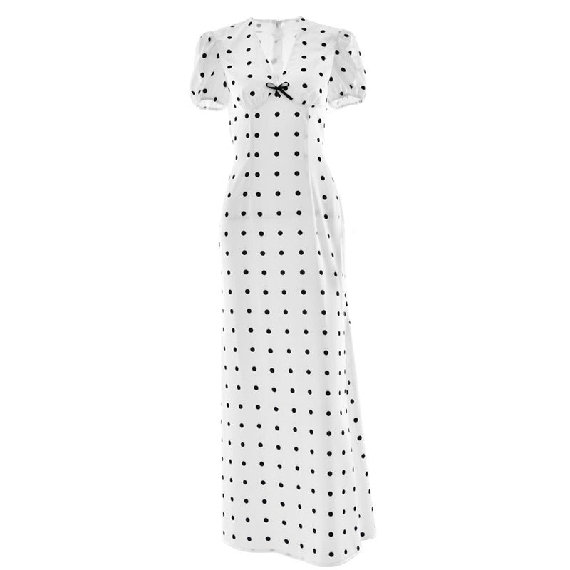 Polka dot short sleeve bowknot zip-up maxi dress  | Festival Outfits Women