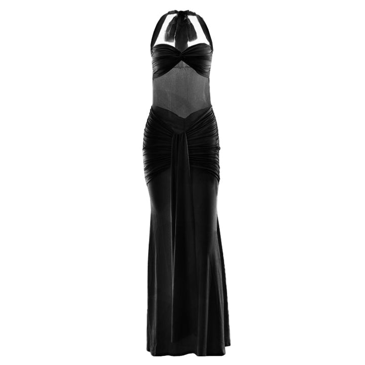 Ruched halter self tie v neck maxi dress  | Festival Outfits Women