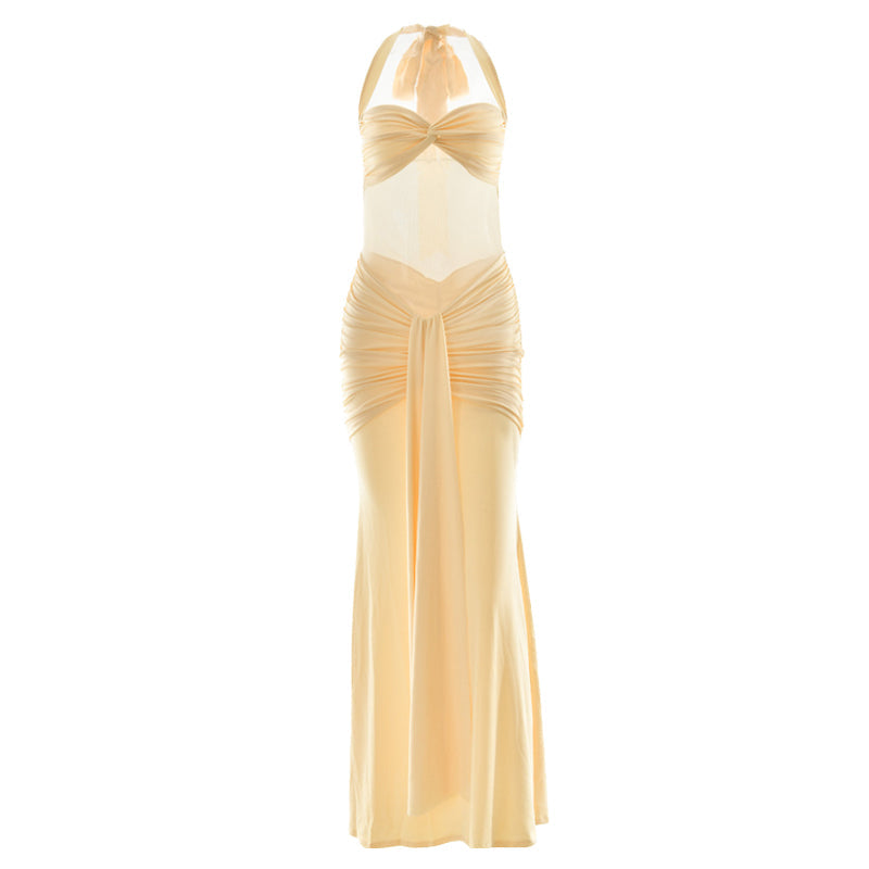 Ruched halter self tie v neck maxi dress  | Festival Outfits Women