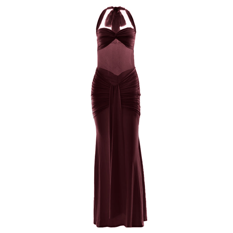 Ruched halter self tie v neck maxi dress  | Festival Outfits Women