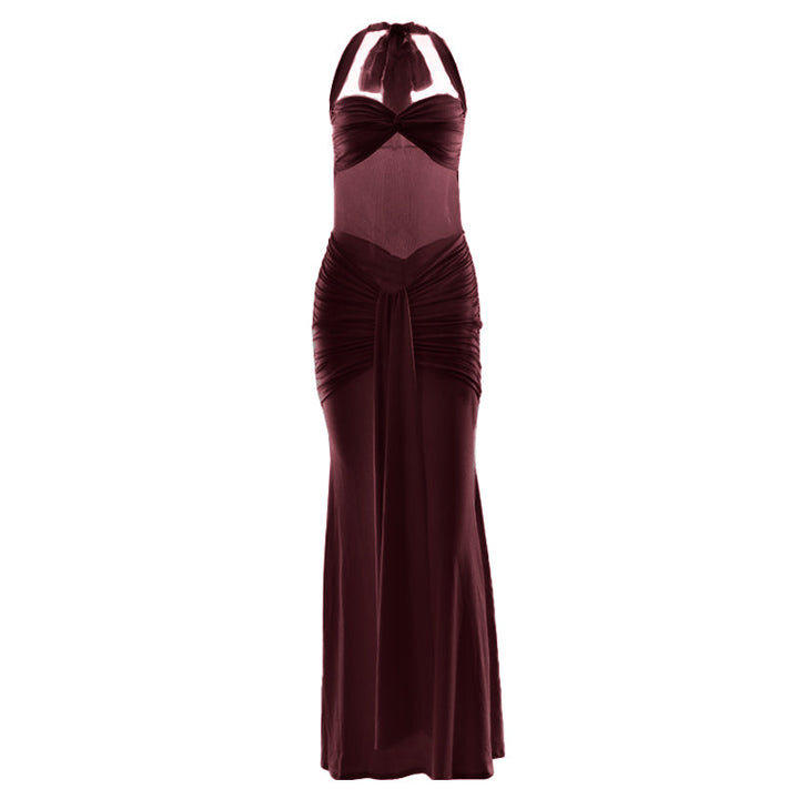 Ruched halter self tie v neck maxi dress  | Festival Outfits Women