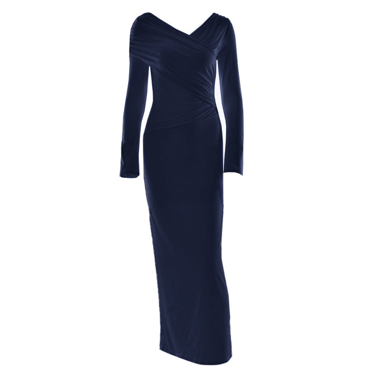 Long sleeve v neck ruched solid maxi dress  | Festival Outfits Women