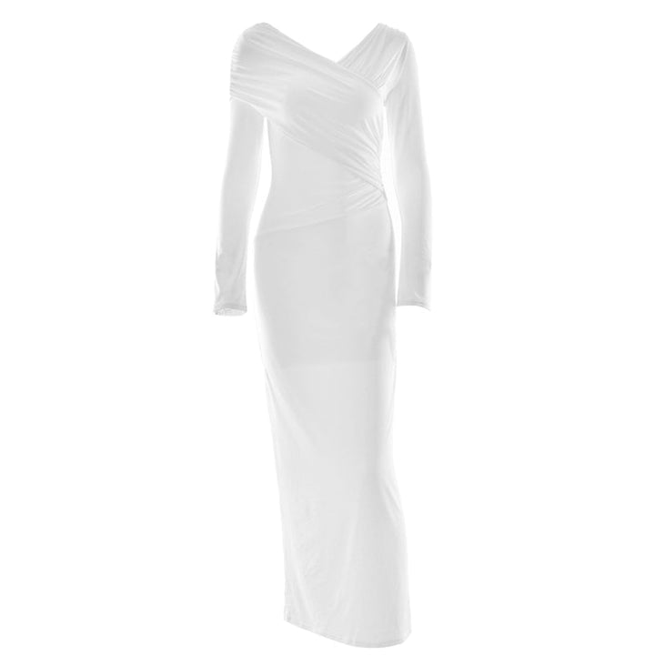 Long sleeve v neck ruched solid maxi dress  | Festival Outfits Women