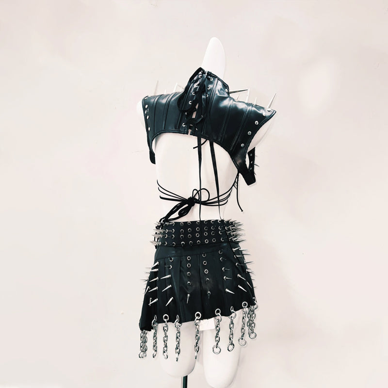 Rivet halter self tie pleated belt mini skirt set  | Festival Outfits Women