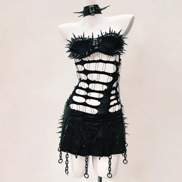 Rivet hollow out skull applique mini skirt set  | Festival Outfits Women