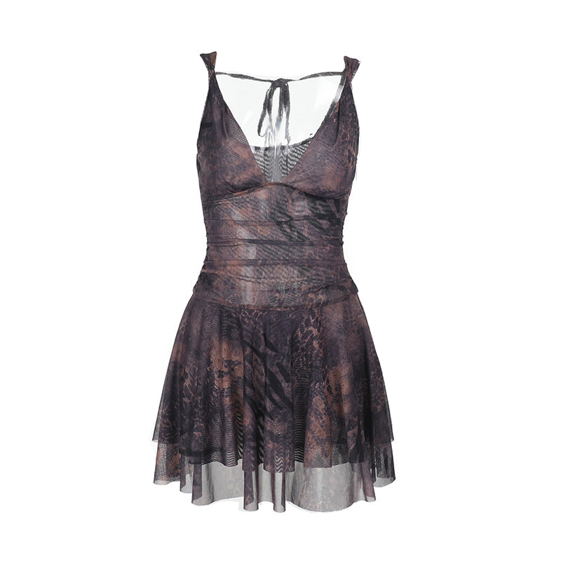 V neck print mesh cami mini dress  | Festival Outfits Women