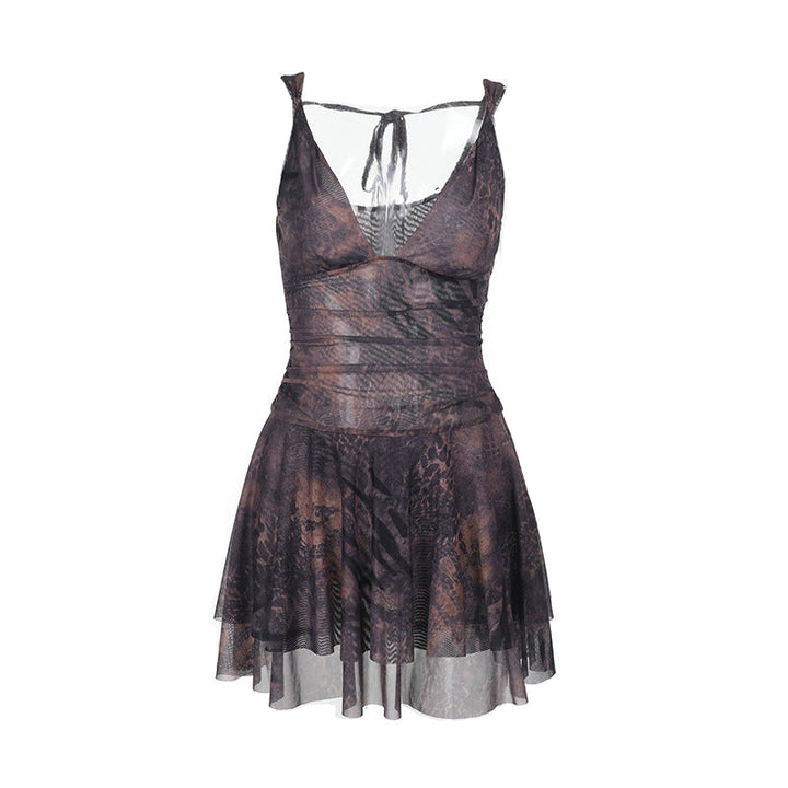 V neck print mesh cami mini dress  | Festival Outfits Women