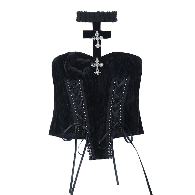 Halter cross pattern velvet lace up top  | Festival Outfits Women-final-sale