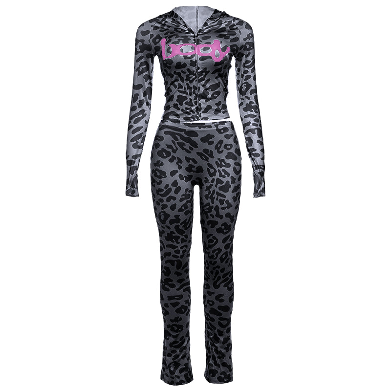 Leopard print hoodie long sleeve zip-up pant set  | Festival Outfits Women