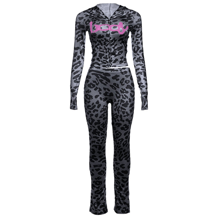 Leopard print hoodie long sleeve zip-up pant set  | Festival Outfits Women
