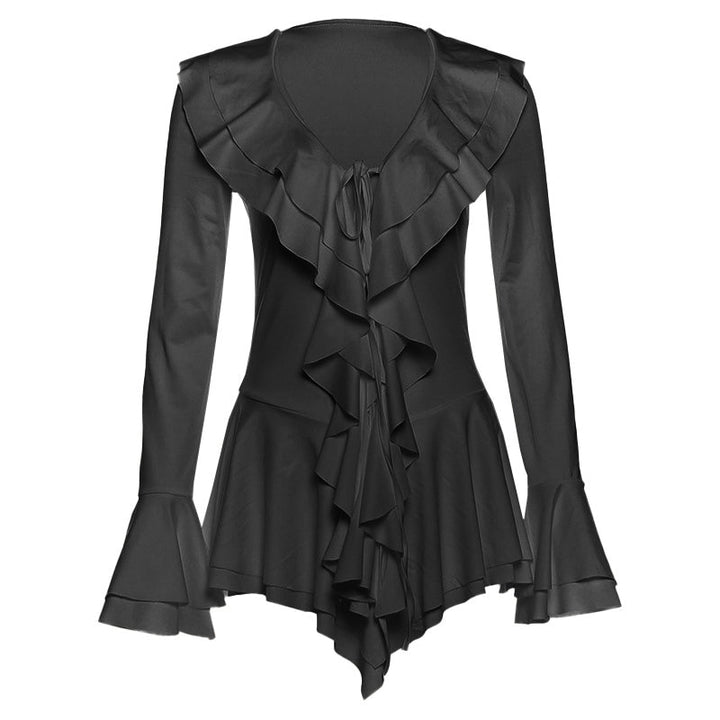 Long flared sleeve ruffle v neck self tie mini dress  | Festival Outfits Women