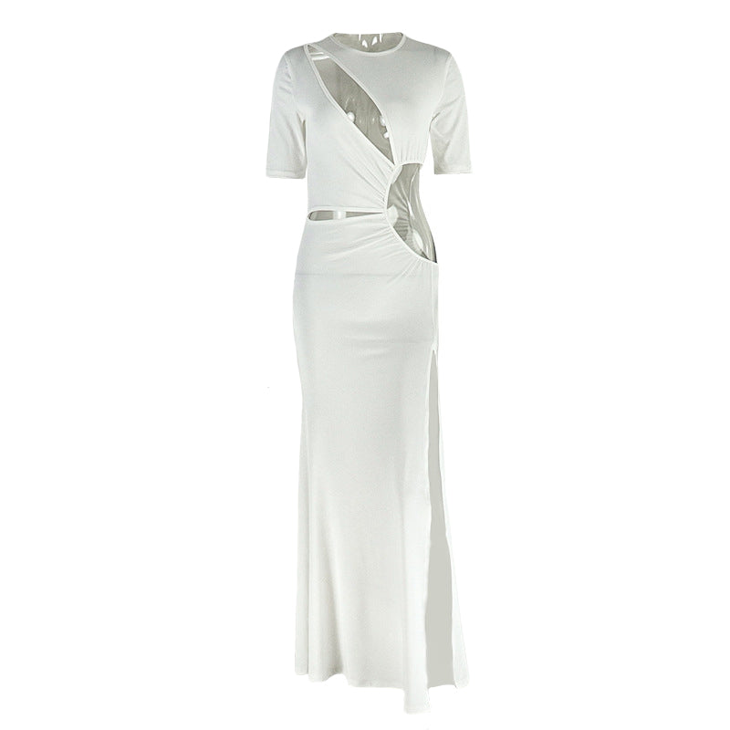 Crewneck hollow out slit long sleeve cut out maxi dress  | Festival Outfits Women