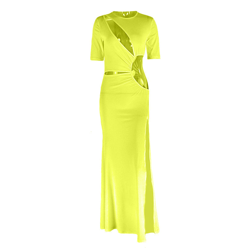 Crewneck hollow out slit long sleeve cut out maxi dress  | Festival Outfits Women