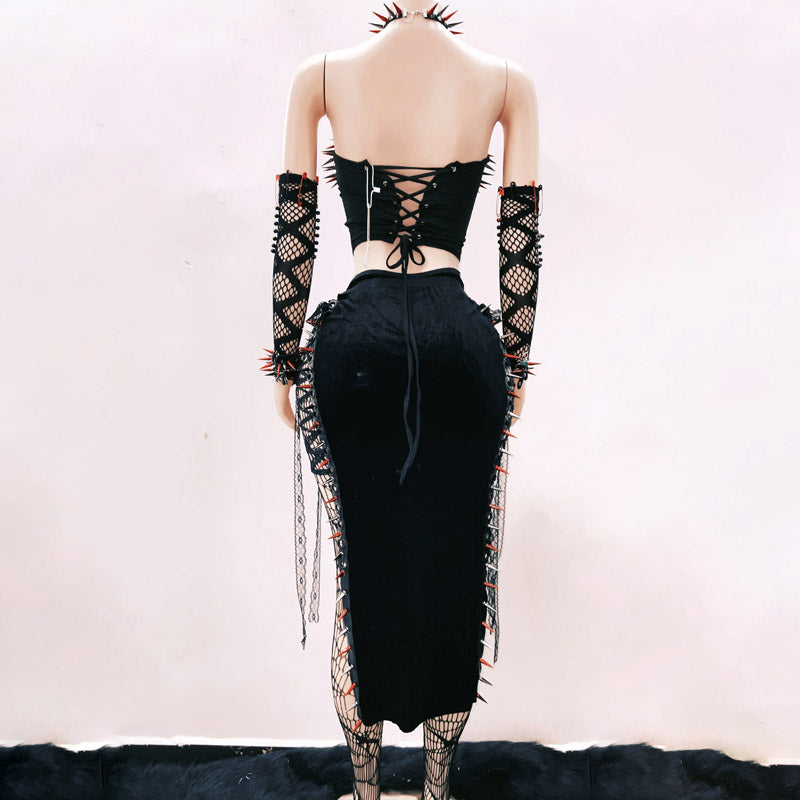 Metal chain rivet applique hollow out tube cut out top  | Festival Outfits Women