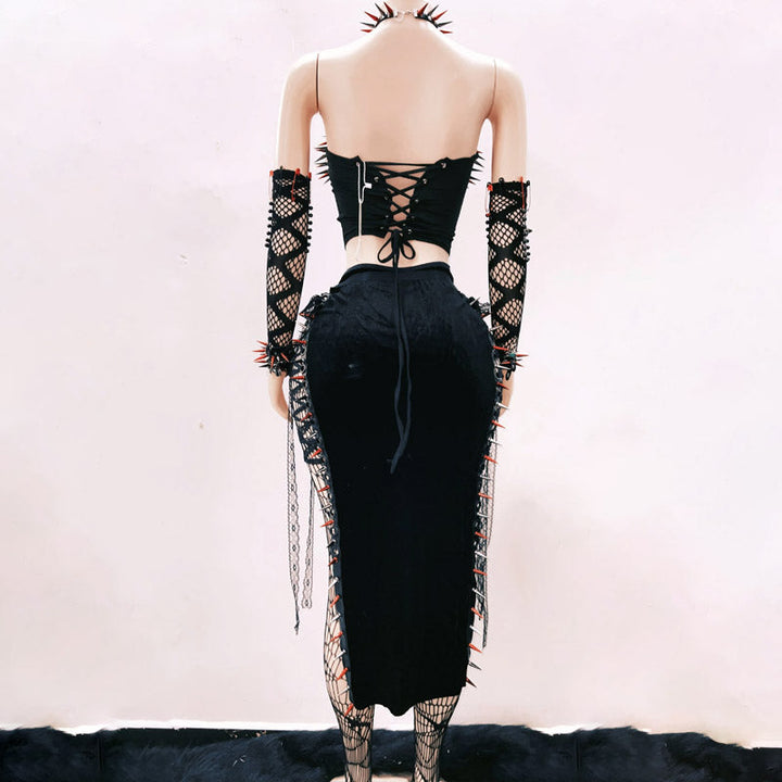 Metal chain rivet applique hollow out tube cut out top  | Festival Outfits Women