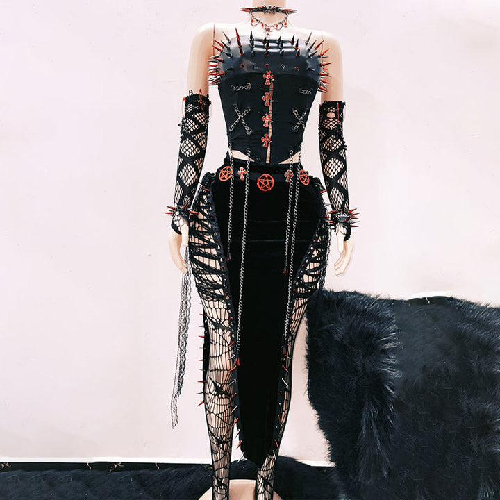 Metal chain rivet applique hollow out tube cut out top  | Festival Outfits Women