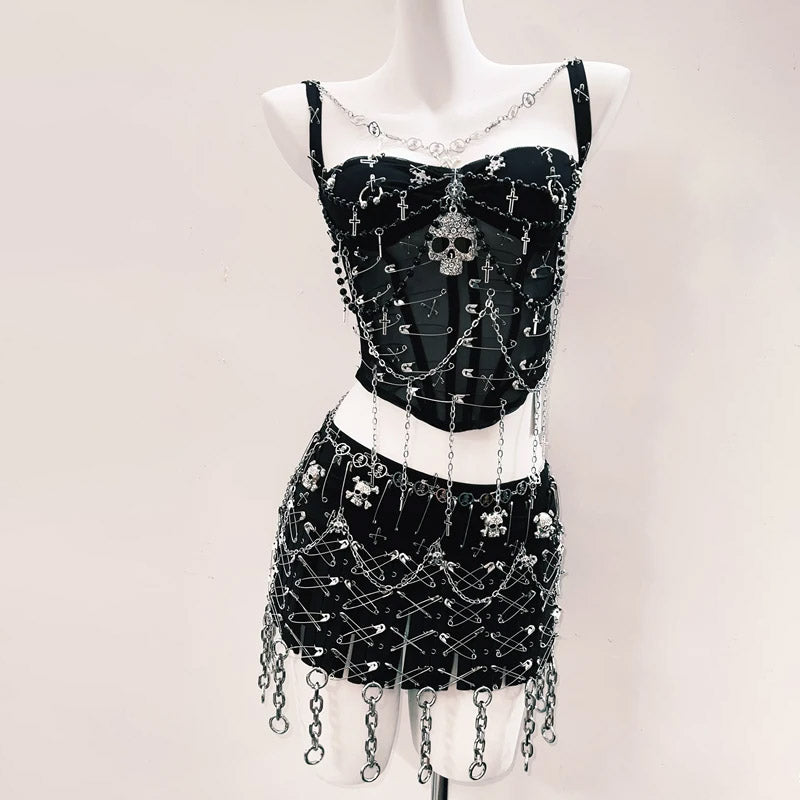 Metal chain skull applique corset cami top  | Festival Outfits Women