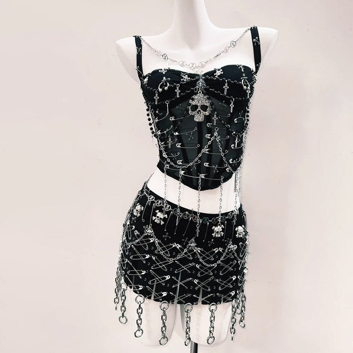 Metal chain skull applique corset cami top  | Festival Outfits Women