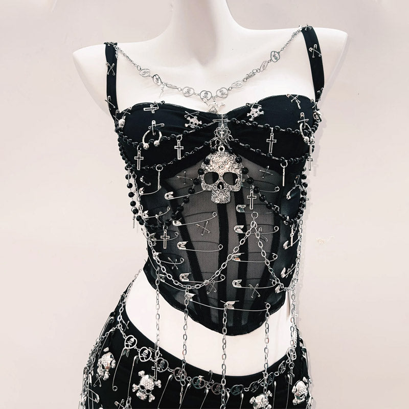 Metal chain skull applique corset cami top  | Festival Outfits Women